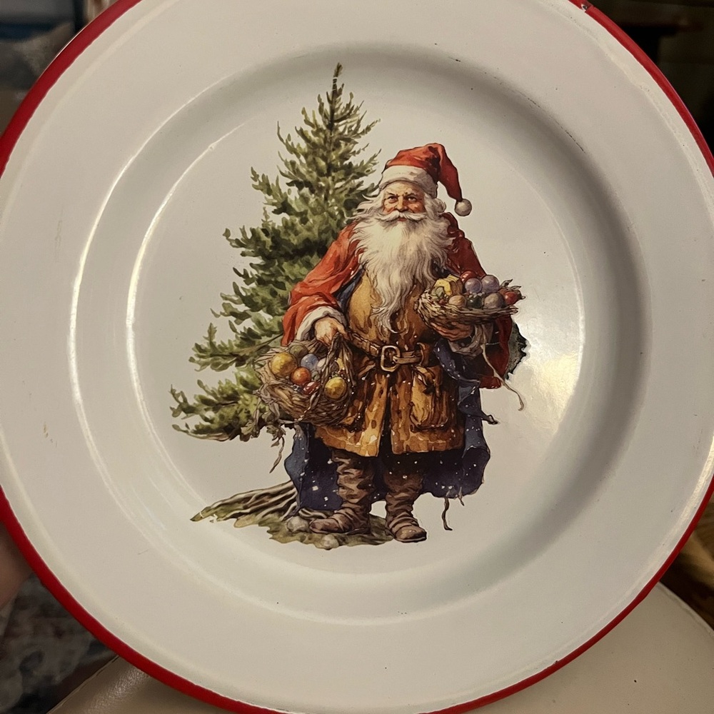 Vintage enamelware Red and White Santa Holiday Plate